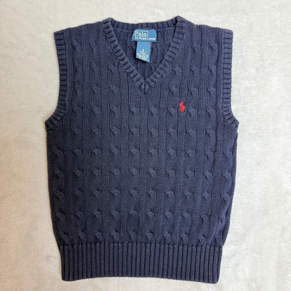 Polo Ralph Lauren Cable Knit Sweater Vest Kids 5 Navy Blue Preppy Classic EUC